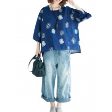 Loose Print O-neck 3/4 Sleeve Vintage Blouse