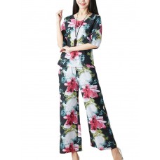 Women Casual Floral Print T-shirt Wide Leg Pants Two Pieces Set
