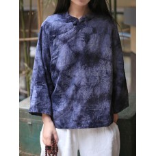 Vintage Floral Print Plate Buckle Stand Collar Blouse