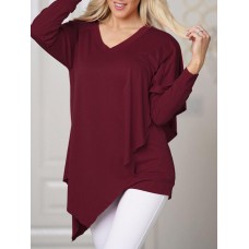 Women Solid Color Long Sleeve Irregular Hem Blouse