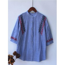 Women Cotton Loose Stand Collar Embroidery Striped Button Shirts
