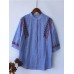 Women Cotton Loose Stand Collar Embroidery Striped Button Shirts