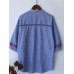 Women Cotton Loose Stand Collar Embroidery Striped Button Shirts