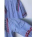 Women Cotton Loose Stand Collar Embroidery Striped Button Shirts