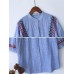Women Cotton Loose Stand Collar Embroidery Striped Button Shirts
