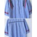 Women Cotton Loose Stand Collar Embroidery Striped Button Shirts