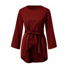 Women Solid Color Irregular Hem Half Sleeve Blouse