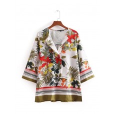 Folk Style Floral Print V-neck 3/4 Sleeve Blouse