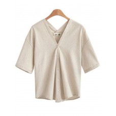 Women Short Sleeve V-neck Buttons Loose Blouse