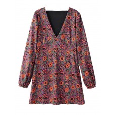 Women Floral Print V-neck Long Sleeve Loose Casual Blouse