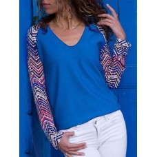 Women Casual Patchwork Crew Neck Long Sleeve Blouse