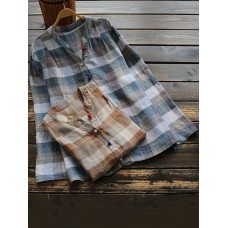 Women Long Sleeve Stand Collar Button Plaid Vintage Blouse