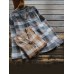 Women Long Sleeve Stand Collar Button Plaid Vintage Blouse