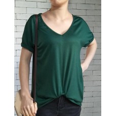 Solid Color Casual V-neck Kink Hem Long Sleeve T-shirts for Women
