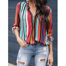 Women Long Sleeve V Neck Rainbow Striped Blouse