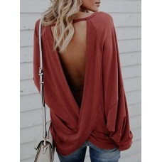 Women Casual Backless Long Sleeve Irregular Hem Blouse