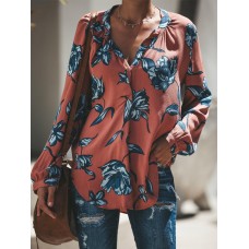 Women Long Sleeve V Neck Chiffon Floral Print Blouse