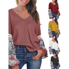 Women Casual V Neck Floral Print Patchwork Long Sleeve Blouse