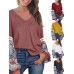 Women Casual V Neck Floral Print Patchwork Long Sleeve Blouse