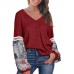 Women Casual V Neck Floral Print Patchwork Long Sleeve Blouse