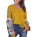 Women Casual V Neck Floral Print Patchwork Long Sleeve Blouse