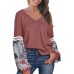 Women Casual V Neck Floral Print Patchwork Long Sleeve Blouse