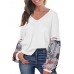 Women Casual V Neck Floral Print Patchwork Long Sleeve Blouse
