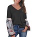 Women Casual V Neck Floral Print Patchwork Long Sleeve Blouse