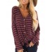 Casual Women V Neck Button Stripe Long Sleeve Blouse
