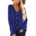 Casual Women V Neck Button Stripe Long Sleeve Blouse