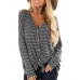 Casual Women V Neck Button Stripe Long Sleeve Blouse