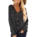 Casual Women V Neck Button Stripe Long Sleeve Blouse