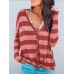 Casual Women V Neck Button Stripe Long Sleeve Blouse