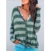 Casual Women V Neck Button Stripe Long Sleeve Blouse