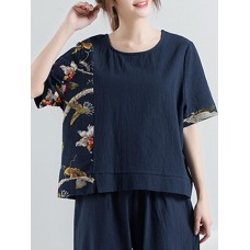 Folk Style Print Patchwork Short Sleeve T-shirts