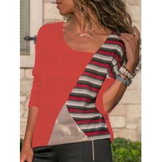 S-5XL Casual Women Patchwork Asymmetrical Collar Long Sleeve Blouse