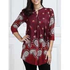 Women 3/4 Sleeve V-neck Irregular Floral Print Blouse