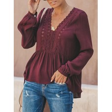 Women Casual Loose Pure Color V-Neck Lace Chiffon Blouse
