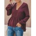 Women Casual Loose Pure Color V-Neck Lace Chiffon Blouse