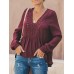 Women Casual Loose Pure Color V-Neck Lace Chiffon Blouse