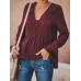 Women Casual Loose Pure Color V-Neck Lace Chiffon Blouse