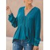 Women Casual Loose Pure Color V-Neck Lace Chiffon Blouse