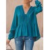 Women Casual Loose Pure Color V-Neck Lace Chiffon Blouse
