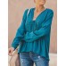 Women Casual Loose Pure Color V-Neck Lace Chiffon Blouse