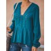 Women Casual Loose Pure Color V-Neck Lace Chiffon Blouse