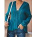 Women Casual Loose Pure Color V-Neck Lace Chiffon Blouse