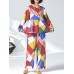 Women Vintage Floral Print Two Pieces Suits Long Sleeve Cotton Blouse Wide Leg Pants