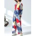 Women Vintage Floral Print Two Pieces Suits Long Sleeve Cotton Blouse Wide Leg Pants