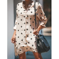 Women Long Sleeve Polka Dot Print Stand Collar Shirt Dress