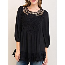 Women Solid Color Lace Patchwork 3/4 Sleeve Blouse